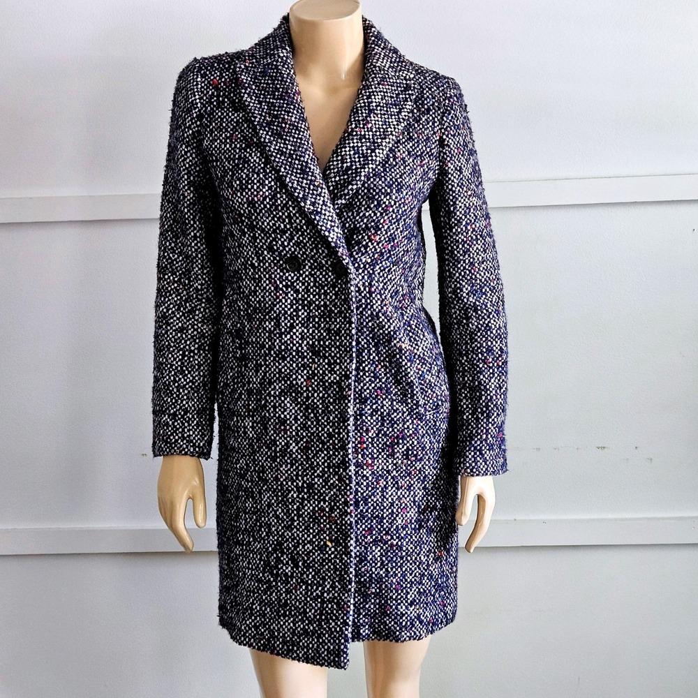 J.Crew Womens Navy Blue Confetti Tweed Wool Blend Double Breasted Topcoat Size 2